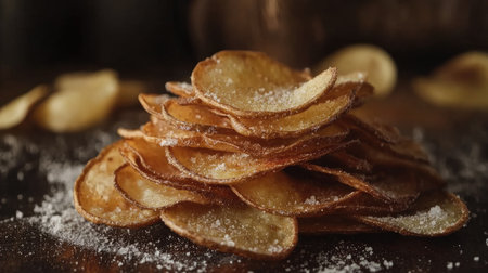 A handful of crispy potato chips, piled together and ready for snacking, with salt glisteningの素材