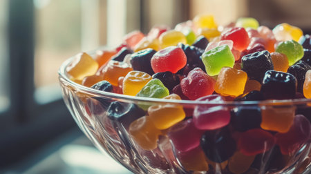 Close-up of a large bowl of fruit-flavored gummy candies, a colorful and sugary treatの素材
