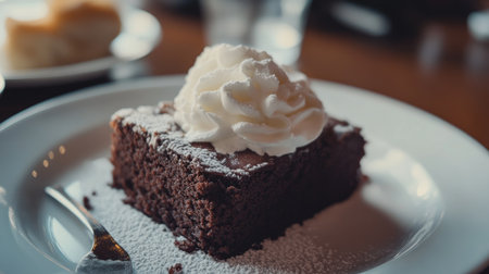 Close-up of a chocolate fudge cake with a gooey center and topped with whipped creamの素材