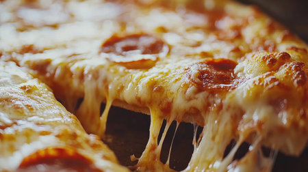 Close-up of a cheesy pizza slice with gooey melted cheese and pepperoni, fresh from the ovenの素材