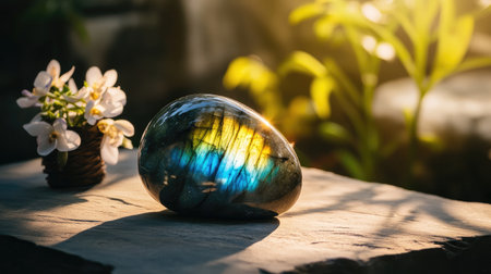 A polished labradorite stone with radiant colors and mystical reflections, appealing to crystal enthusiastsの素材