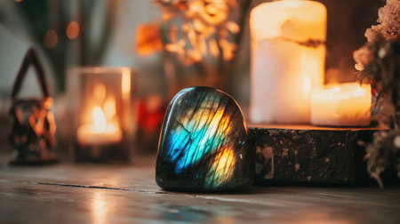 A polished labradorite stone with radiant colors and mystical reflections, appealing to crystal enthusiastsの素材