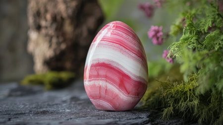 A polished rhodochrosite stone with pink and white bands, symbolizing love and collectible charmの素材