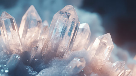 Close-up of a stunning, clear quartz crystal with intricate facets, capturing its natural beauty and eleganceの素材
