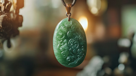 Close-up of a natural jade pendant with rich green tones, symbolizing tranquility and luxuryの素材