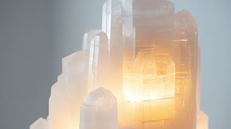 An elegant selenite crystal tower, showcasing its soft, translucent glow and refined structureの素材