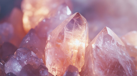 Close-up of raw rose quartz, displaying soft pink tones and a gentle sparkle, a gem for lifestyle collectorsの素材