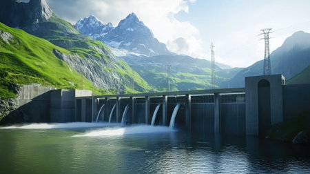 A dam generating electricity with water flow through turbines, with a green mountain setting in the backgroundの素材