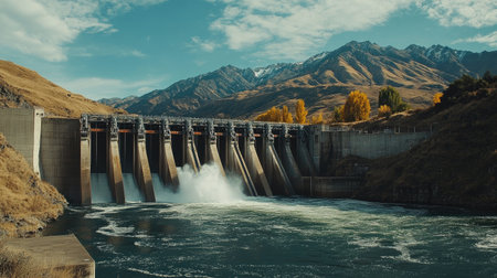 Close-up of water spinning through dam turbines, with mountain landscape representing sustainable energyの素材