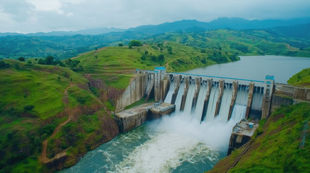 Aerial view of water turbines at a hydroelectric dam, surrounded by green hills and mountainsの素材