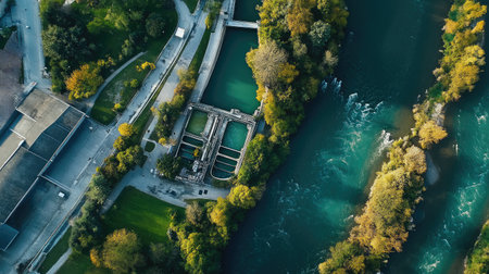 Aerial view of wastewater plant by a river, emphasizing water quality and environmental protectionの素材