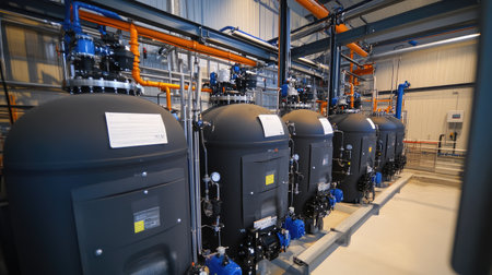 Advanced water filtration equipment in a wastewater treatment plant, highlighting pollution control effortsの素材