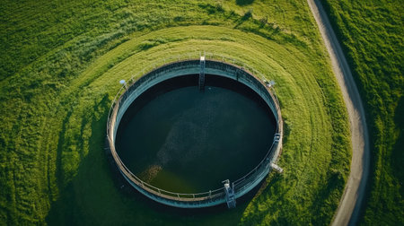 Aerial shot of a wastewater treatment plant with green fields around, symbolizing eco-conscious infrastructureの素材