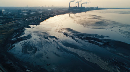 Aerial view of pipes releasing dark waste into water, with industrial buildings in the distance, illustrating pollutionの素材