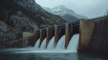 Close-up of dam water turbines in action, with a serene mountain background promoting clean energyの素材