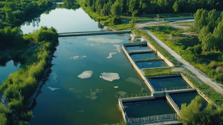 Aerial view of wastewater plant by a river, emphasizing water quality and environmental protectionの素材