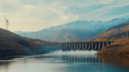 Dam releasing water through turbines with mountain backdrop, illustrating eco-conscious electricity generationの素材