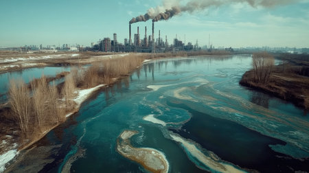 Aerial view of toxic waste flowing from industrial pipes into water, with a factory skyline behindの素材
