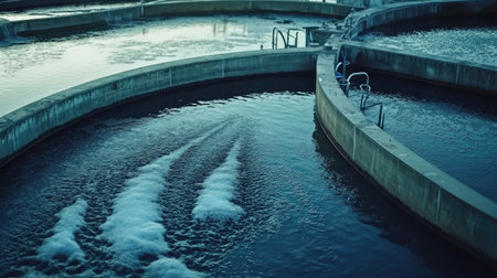 Close-up of large aeration tanks at a wastewater treatment facility, showcasing eco-friendly water processingの素材
