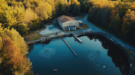 Aerial view of wastewater treatment plant in natural surroundings, illustrating sustainabilityの素材