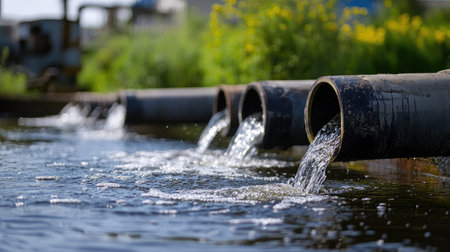 Factory pipes releasing waste into a water body, representing pollution with industrial structures behindの素材