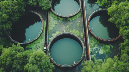 Clean, organized wastewater treatment tanks surrounded by greenery, showcasing eco-friendly operationsの素材