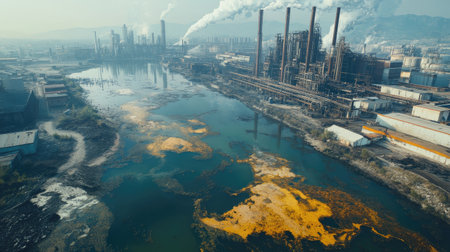 Aerial view of toxic waste flowing from industrial pipes into water, with a factory skyline behindの素材