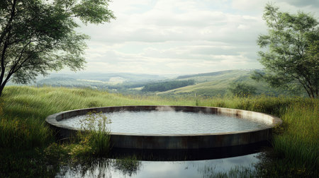 Clean clarifier tank with natural landscape, symbolizing balance between industrial needs and natureの素材