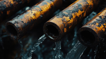 Close-up of rusted pipes emitting waste into water, representing environmental pollutionの素材