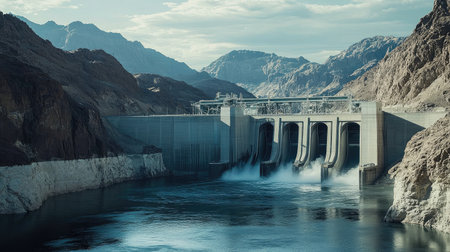 Close-up of water turbines in action at a dam, with mountains in the background symbolizing clean powerの素材
