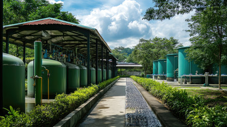 Clean, organized wastewater treatment tanks surrounded by greenery, showcasing eco-friendly operationsの素材