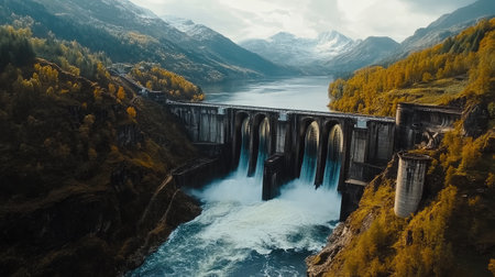 Aerial view of powerful water flow through dam turbines, surrounded by beautiful mountain sceneryの素材