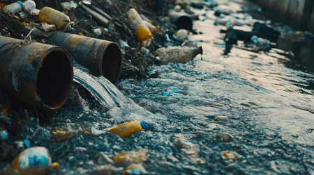 Close-up of waste flowing from industrial pipes into a natural stream, highlighting environmental pollutionの素材