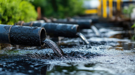 Industrial pipes releasing dark waste, highlighting the environmental impact of factoriesの素材