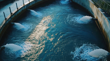 Close-up of large aeration tanks at a wastewater treatment facility, showcasing eco-friendly water processingの素材