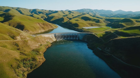 Aerial view of water turbines at a hydroelectric dam, surrounded by green hills and mountainsの素材