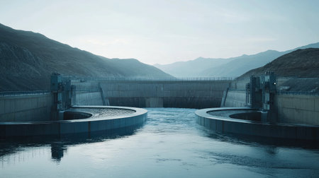 Close-up of water turbines in a dam, with mountains in the distance representing eco-friendly energy productionの素材