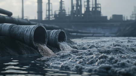Close-up of pipes discharging toxic sludge into a river, with industrial plant structures behindの素材