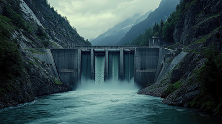 Hydroelectric dam with rushing water flow, framed by serene mountain landscape, promoting green energyの素材