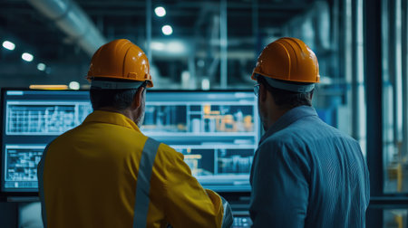 Engineers monitoring digital systems at a wastewater plant, highlighting precision in eco-managementの素材