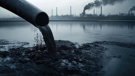 Dark liquid pouring from large pipes into a water body, with an industrial landscape in the backgroundの素材