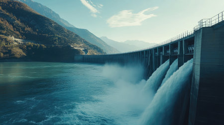 Hydroelectric dam with rushing water flow, framed by serene mountain landscape, promoting green energyの素材
