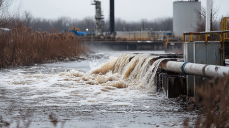Close-up of thick sludge flowing from pipes into a river near an industrial facilityの素材
