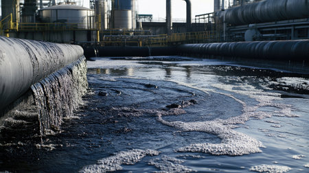 Dark sludge flowing from large pipes into a body of water, with a factory in the backgroundの素材