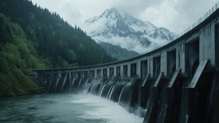 Close-up of water turbines in action at a dam, with mountains in the background symbolizing clean powerの素材