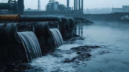 Dark sludge flowing from large pipes into a body of water, with a factory in the backgroundの素材
