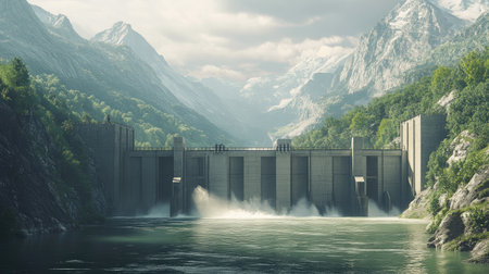 Hydroelectric dam with water flow through turbines, surrounded by beautiful mountain landscapesの素材