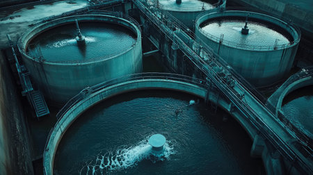 Close-up of large aeration tanks at a wastewater treatment facility, showcasing eco-friendly water processingの素材
