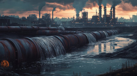 Dark sludge flowing from large pipes into a body of water, with a factory in the backgroundの素材