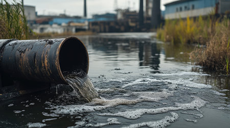 Dark waste flowing from industrial pipes into a lake, with factory buildings in the backgroundの素材